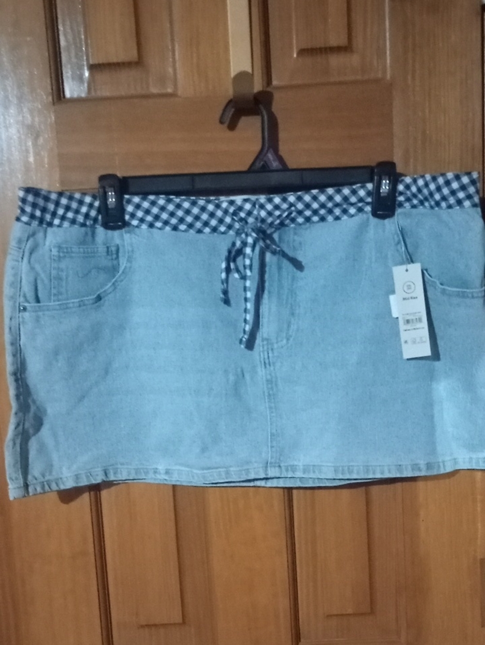 Light Blue Denim Mini Skirt with Gingham Waist Tie